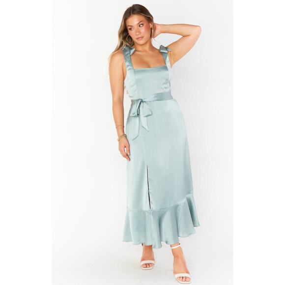 Show Me Your Mumu Claire Midi Dress in Silver Sage Luxe Satin L NWT - Picture 6 of 6
